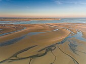 France, Somme, Baie de Somme, Le Crotoy, the Bay of Somme at low tide in the early morning, the Hourdel point in the background (aerial view)\n