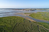 Frankreich, Somme, Baie de Somme, Kanäle in les Mollieres und das Dorf Crotoy im Hintergrund (Luftaufnahme)