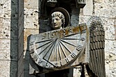 France, Eure et Loir, Chartres, Notre Dame cathedral listed as World Heritage by UNESCO, facade, south west corner, angel dial, sundial\n