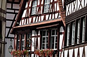 France, Bas Rhin, Strasbourg, old town listed as World Heritage by UNESCO, Rue du Bain aux Plantes, half timbered house dating from 1676, restaurant or winstub Lohkas, sign, emblem of brewers, the star around the mold\n