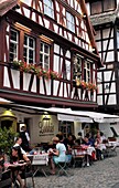 France, Bas Rhin, Strasbourg, old town listed as World Heritage by UNESCO, Rue du Bain aux Plantes, half timbered house dated 17th century, restaurant Lohkäs\n