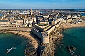 France, Ille et Vilaine, Cote d'Emeraude (Emerald Coast), Saint Malo, the walled city, Tower of Bidouanne (aerial view)\n
