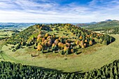 France, Auvergne, Puy de Dome, the Regional Natural Park of the Volcanoes of Auvergne, Chaîne des Puys, Nébouzat, Puy de Pourcharet (aerial view)\n