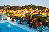 France, Alpes Maritimes, Nice, listed as World Heritage by UNESCO, Promenade du Paillon, Hotel Aston La Scala terrace\n