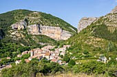 France, Hautes-Alpes, regional natural park of Baronnies Provençal, Orpierre, the village surrounded by cliffs, climbing site, the cliff of Puy\n