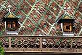France, Haut Rhin, Colmar, Rue des Marchands, Koifhus or old customs, roof, windows, glazed tiles said beaver tail\n