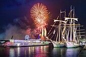 France, Seine Maritime, Rouen, Armada 2019, fireworks and tall ships reflection on the Seine River\n