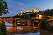 France, Gers, Auch, stop on El Camino de Santiago, the banks of the Gers and in the backgroung the Tour d'Armagnac and Sainte Marie Cathedral\n