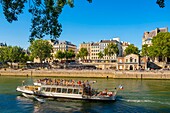 France, Paris, area listed as World Heritage by UNESCO, Parc des Rives de Seine, fly boat in front of the Nautes\n