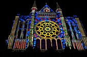 France, Eure et Loir, Chartres, Notre Dame cathedral listed as World Heritage by UNESCO, illuminations during Chartres en Lumieres, south gate\n