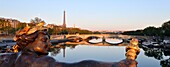 France, Paris, area listed as World Heritage by UNESCO, the banks of the Seine river, the statue of the nymph of the Neva on Alexander III bridge and the Eiffel Tower on the background\n