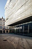 France, Gard, Nimes, Musee de la Romanite by architect Elizabeth de Portzamparc, gardens of romanite seen from the covered walkway\n