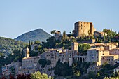 France, Drôme, regional natural park of Baronnies provençales, Montbrun-les-Bains, labeled the Most Beautiful Villages of France, the village and the Renaissance castle of Dupuy-Montbrun\n