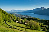 France, Savoie, Lake Bourget, Aix les Bains, Alps Riviera, Saint Innocent, sunset on the hamlet of Granges d'en Haut\n