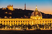 France, Rhone, Lyon, historical site listed as World Heritage by UNESCO, quay Victor Augagneur, Rhone River banks with a view of Hotel Dieu and Notre Dame de Fourviere Basilica\n