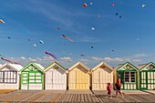 France, Somme, Bay of the Somme, Cayeux-sur-mer, The kite festival which takes place once a year on the pebble dike and the path of the boards lined with beach cabins\n