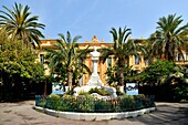 France, Alpes Maritimes, Cote d'Azur, Menton, the old town, Place de l'Hotel de ville (City Hall square), city hall, Louis Laurenti bust\n