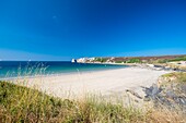 France, Finistere, Armorica Regional Natural Park, Crozon Peninsula, Camaret-sur-Mer, Veryac'h beach, Pointe de Pen Hir in the background\n