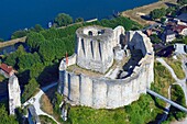 France, Eure, Les Andelys, the ruins of the forteress of Château Gaillard and the Seine river (aerial view)\n