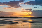 Frankreich, Somme, Somme-Bucht, Naturschutzgebiet der Somme-Bucht, Landschaften der Somme-Bucht bei Ebbe bei Sonnenuntergang
