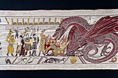 France, Calvados, Bayeux, inauguration of the Game of Throne Tapestry more than 80 meters long in Hotel du Doyen heritage building , the scenes of the Bayeux Tapestry are embroidered with woollen threads on a linen canvas\n