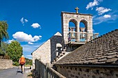 France, Lozere, Fontans, Les Estrets hamlet, hike along the Via Podiensis, one of the French pilgrim routes to Santiago de Compostela or GR 65, Saint-Jean-Baptiste church\n