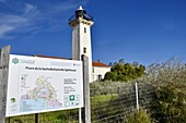Frankreich, Bouches du Rhone, Camargue, Leuchtturm Gacholle, Deich am Meer und Teich Vaccarès, Informationstafel