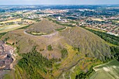 France, Pas de Calais, Loos en Gohelle, the twin slag heaps of pit head 11/19, mine site listed as World Heritage by UNESCO (aerial view)\n