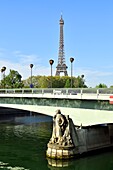 France, Paris, area listed as World Heritage by UNESCO, the banks of the Seine river, the Zouave of the Alma Bridge and the Eiffel Tower\n