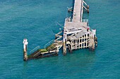 France, Vendee, Noirmoutier en l'Ile, fishermen on Les Dames beach jetty (aerial view)\n