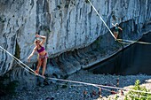 Frankreich, Ardeche, Berrias et Casteljau, der Chassezac, Mazet Plage, Ardeche Slackline Treffen