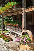 France, Haute Savoie, Chablais, Val d'Abondance, Portes du Soleil, Chapel of Abondance, flower arrangement around Papy Gaby's cottage\n