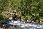 France, Hautes Alpes, Ecrins National Park, valley of Valgaudemar, La Chapelle en Valgaudemar, Les Portes, the Oulles du Diable gorges, the waters of the Navette torrent and the Gallo Roman bridge\n