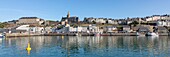 France, Manche, Cotentin, Granville, the Upper Town built on a rocky headland on the far eastern point of the Mont Saint Michel Bay, the fishing port and the Notre Dame du Cap Lihou\n