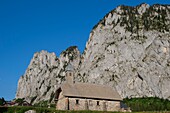 France, Haute Savoie, massif of Chablais, Abondance valley, Abondance, the alp and the hamlet of Ubine at the foot of the cliffs of Mont Chauffe\n