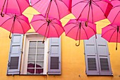 France, Alpes-Maritimes, Grasse, historic center, pink umbrellas in Jean Ossola street\n