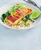 Sticky Vietnamese salmon with bok choy