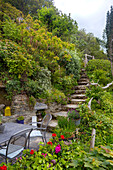 Terraced garden with stone path and seating area surrounded by greenery