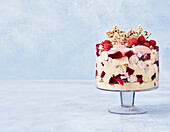 White Christmas trifle with red jelly, marshmallows and raspberries