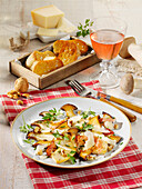 King oyster mushroom salad with bacon, walnuts and parmesan
