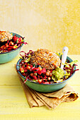 Vegetarian bowl with schnitzel mushrooms, avocado and chickpeas