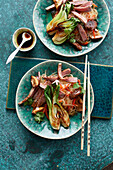 Room temp glass noodle salad with steak strips and bok choy