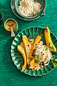 Oven-baked summer squash with miso butter and udon noodles