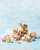 Rocky road of white chocolate, marshmallows and chocolate candies