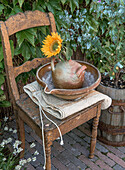 Clay jug with sunflower (Helianthus) on rustic oak chair