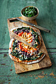 Rainbow pizza with quark dough and wholemeal flour