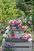 Selbstgebautes Etagere aus alter Gießkanne mit rosa Rosenblüten