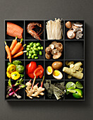 Tray with ingredients for noodle soups