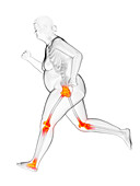 Overweight woman running with painful joints, illustration