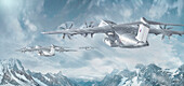 Military transport aircraft over mountains, illustration
